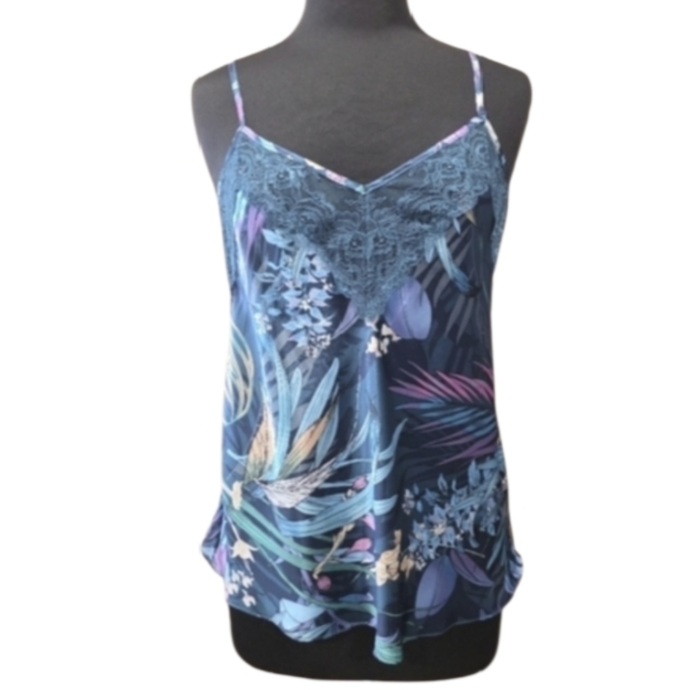 Linea Donatella Large Fairy Floral Lace Trim Camisole Blue Satin Boho Chic